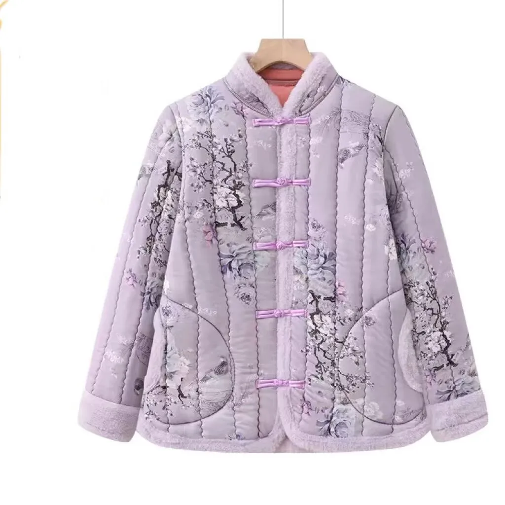 Women's Winter Thicken Fleece Lined Cotton Jacket Button up Long Sleeve Warm Loose Chinese Style Mid-Length Cotton Padded Coat