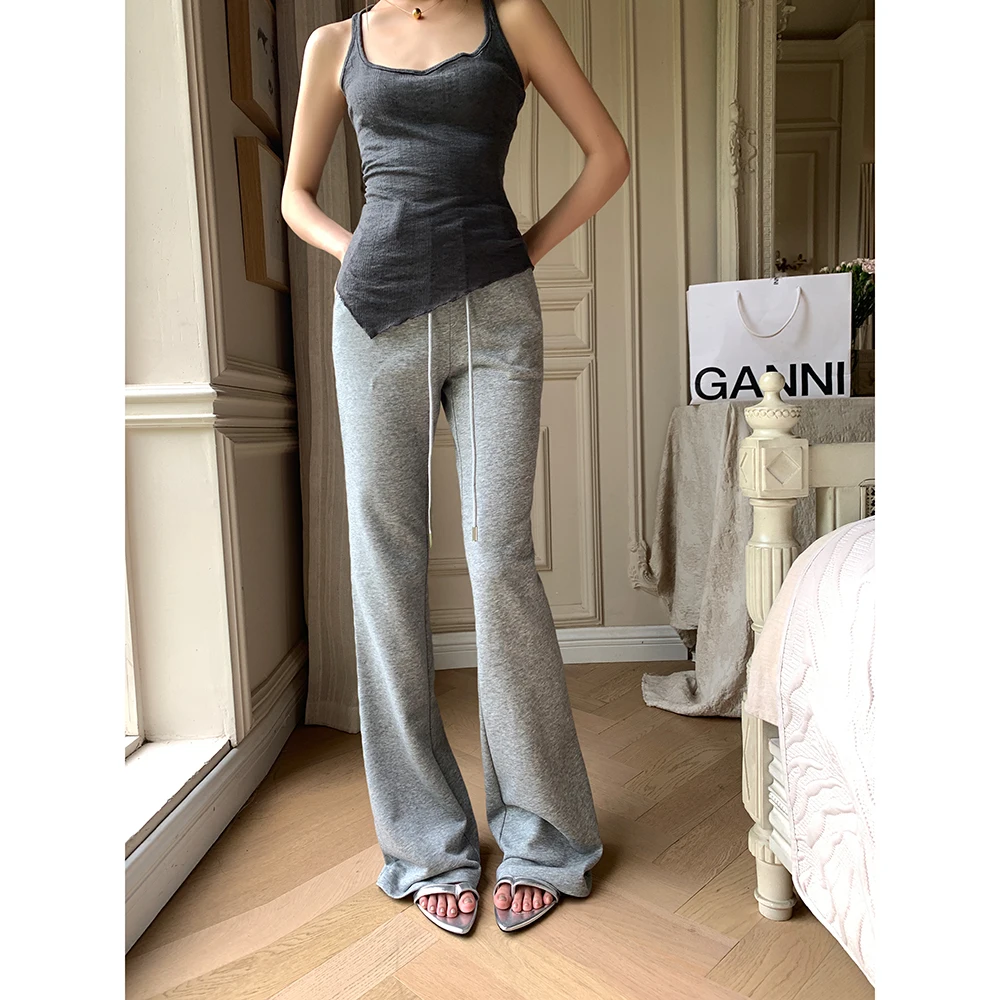 กางเกงขายาวผู้หญิงเอวสูงสีพื้นเรียบง่ายสไตล์ลำลองแฟชั่นฤดูใบไม้ร่วง