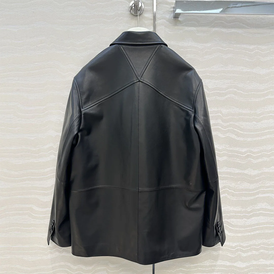 Top Quality 100% Sheepskin Suit Jacket Women Notched Long Sleeve Four Buttons Black Cool Genuine Leather Unisex Style Retro Coat