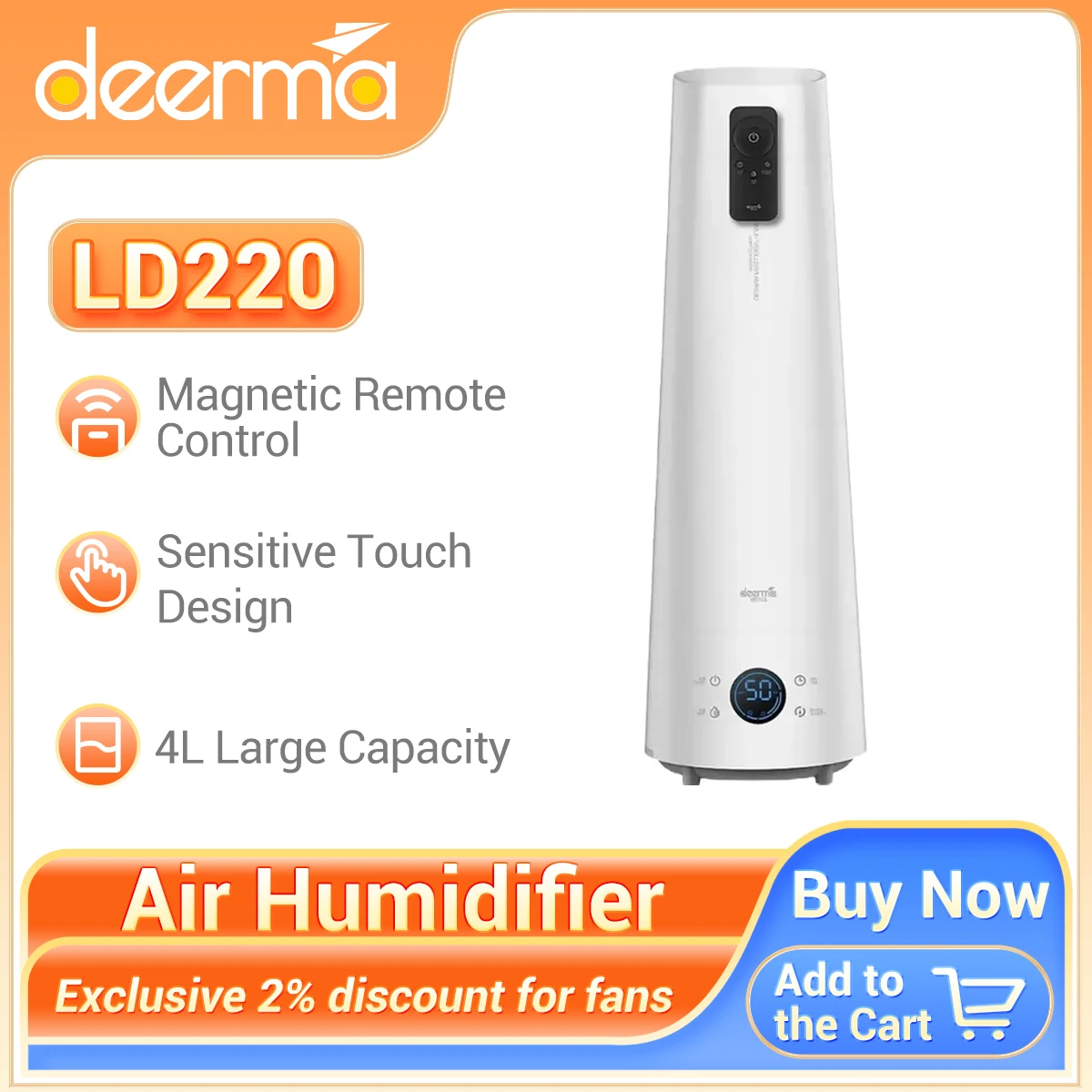 Deerma-humidificador de aire DEM-LD220 con Control remoto magnético, purificador de aire con temporizador de 12H, pantalla de humedad Real, versión táctil