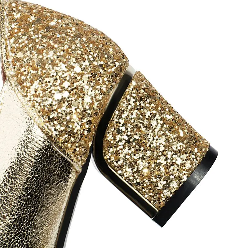 REAVE CAT Women Strap Pumps Shoes Sequin Glitter Rhinestone Buckle Block Heel Party Gold 32 33 43 Chaussure