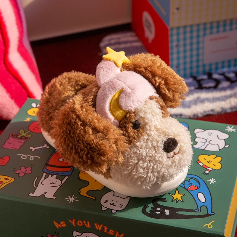 SHAJI Women Cute Cartoon Dog Closed‑Toe Plush Slippers, Winter Warm Fluffy Non‑Slip Cozy Indoor Home Bedroom House Shoes view 6