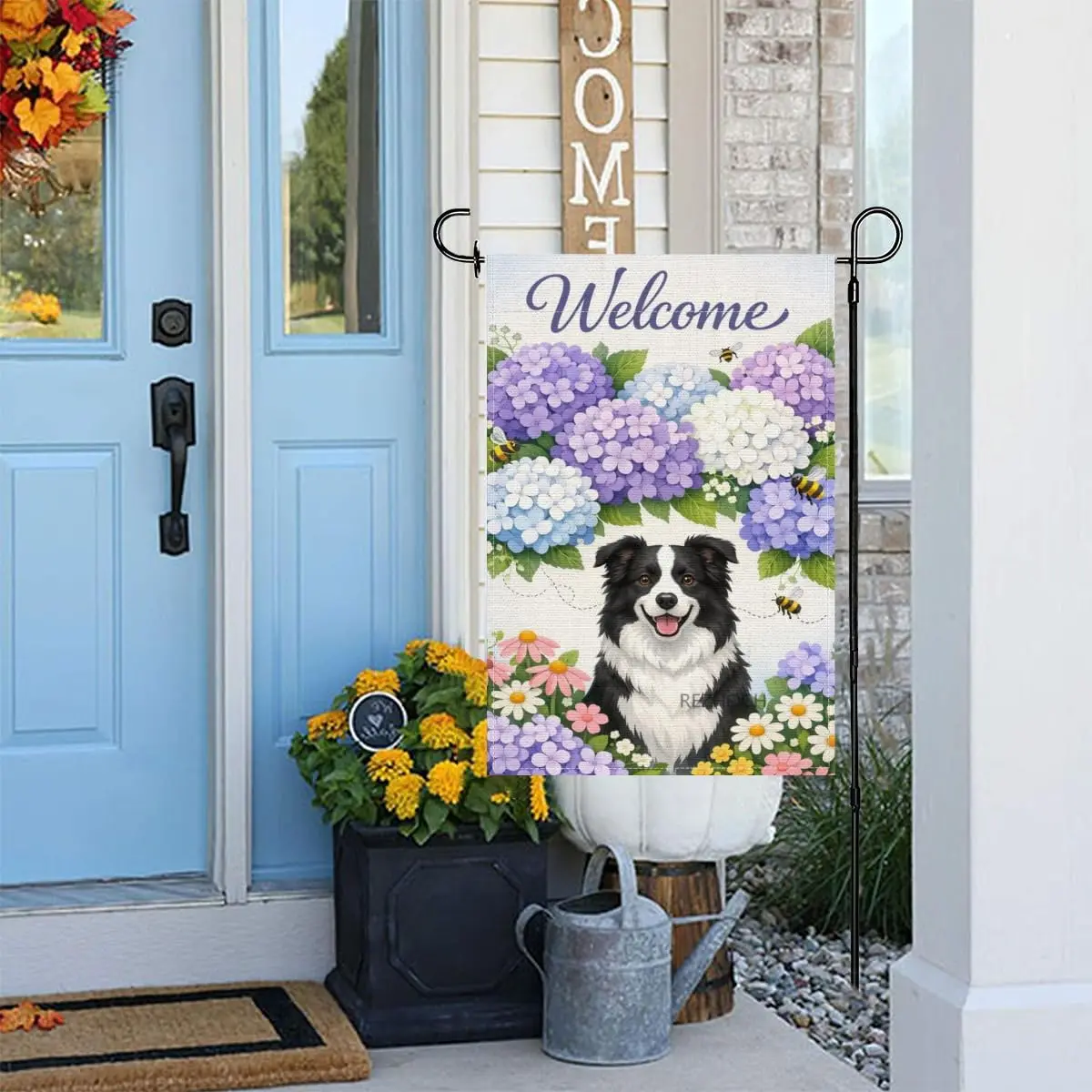 Welcome Dog Garden Flag 12x18Inch,Funny Border Collie Purple Hydrangea Floral Spring Summer Yard Flag,Cute Animal Double Sid MMZ