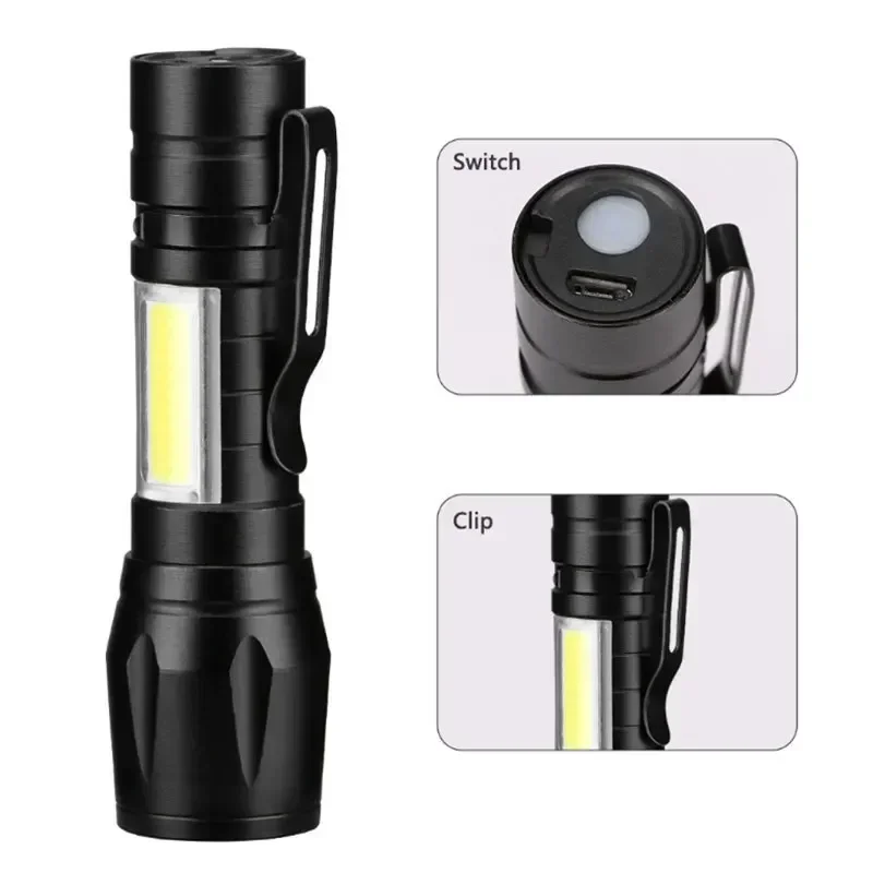10pc Mini LED Flashlight COB+XPE Portable Torch Zoomable Focus Light Rechargeable Tactical Flashlight Camping Emergency Lantern