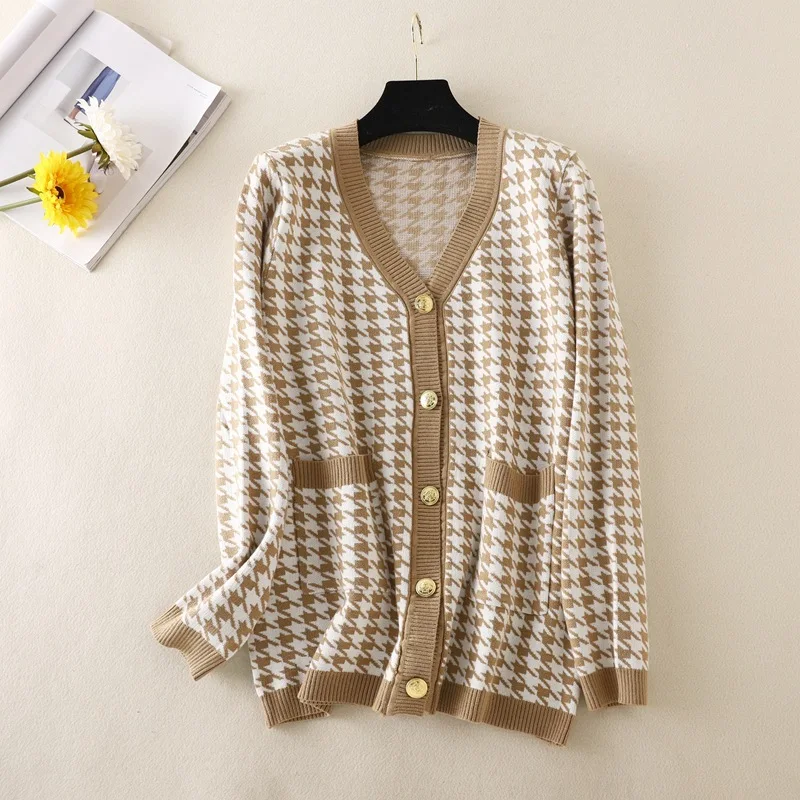 Elegant Houndstooth Knit Cardigan Women Autumn 2023 V-neck Long Sleeve Loose Knitted Jacket Sweater Female Oversized Cardigan