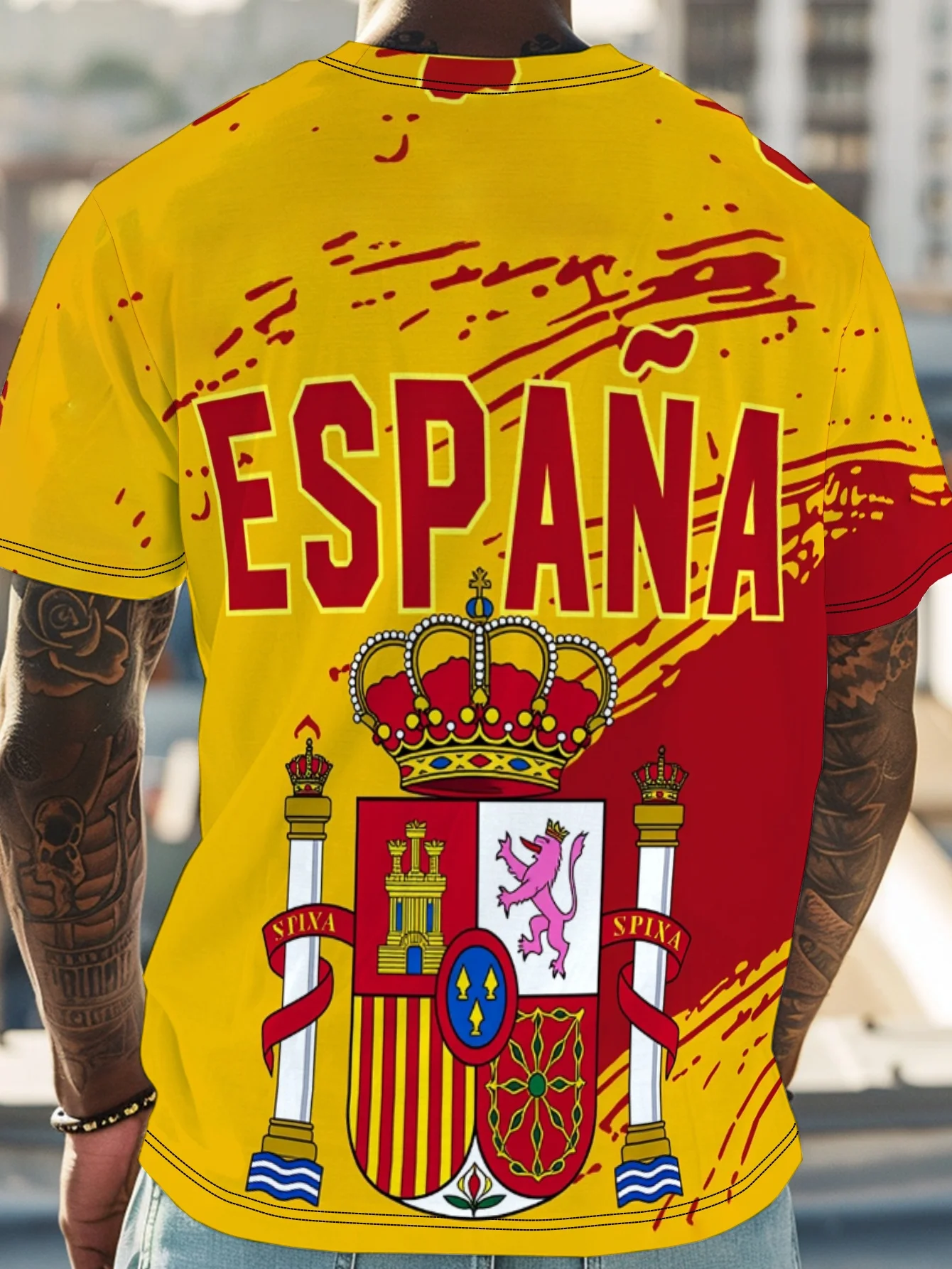 Men'S Round Neck Short-Sleeve T-Shirt with a Full-Print Design Featuring Digital Graphics of Spain