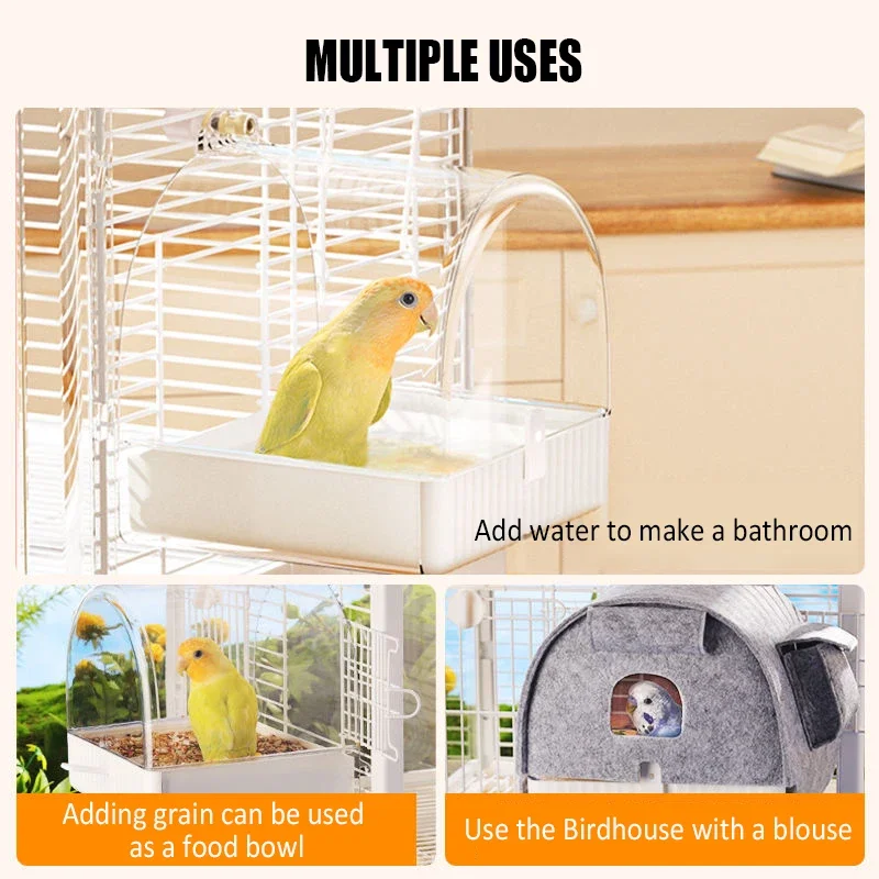 Bird Bath Box Multifunctional Hanging Parrot Bath room Transparent Feeding Box with Drawer Bird Cage Accessories Lovebird