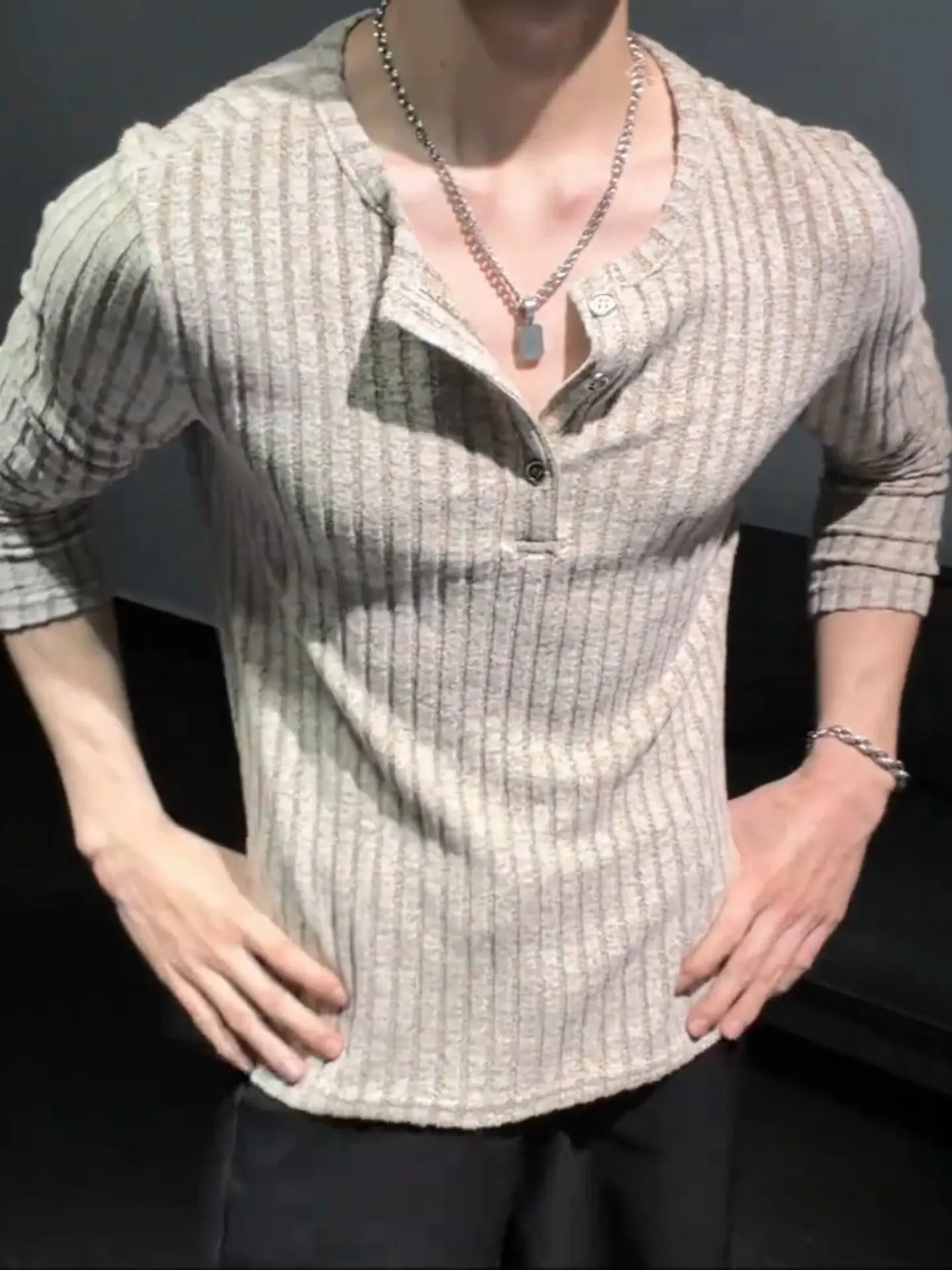 Cleanfit Men's Long Sleeve T-Shirt Henry Collar Texture Inner Wear Base Shirt Fashionable Urban Style Casual Fit Autumn Wear