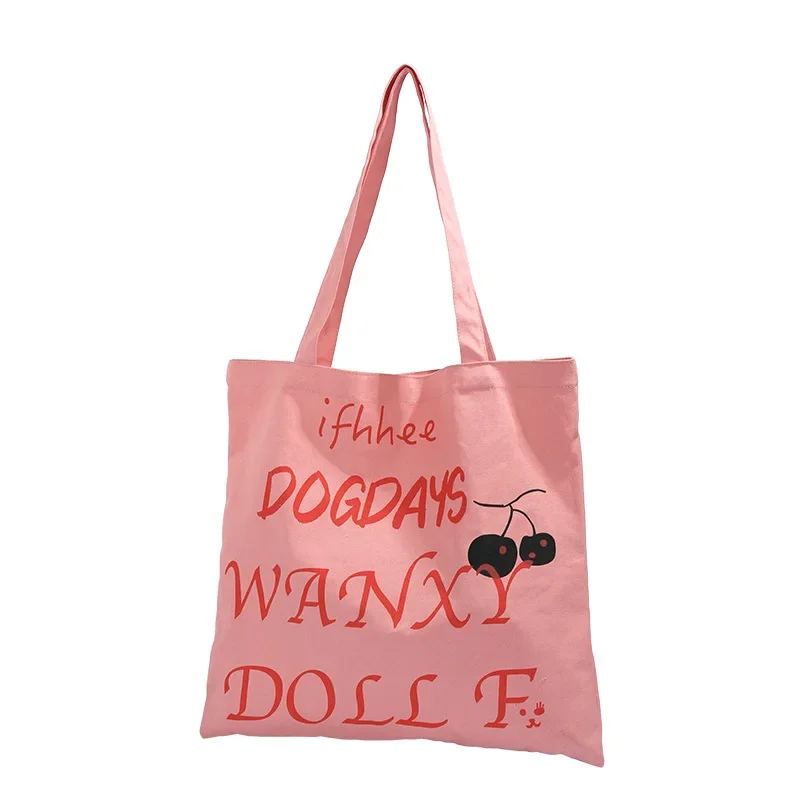 Estate stile coreano rosa tela Eco Shopping Tote sacchetto regalo di san valentino per le donne nero ciliegia lettera inglese semplice minimalismo