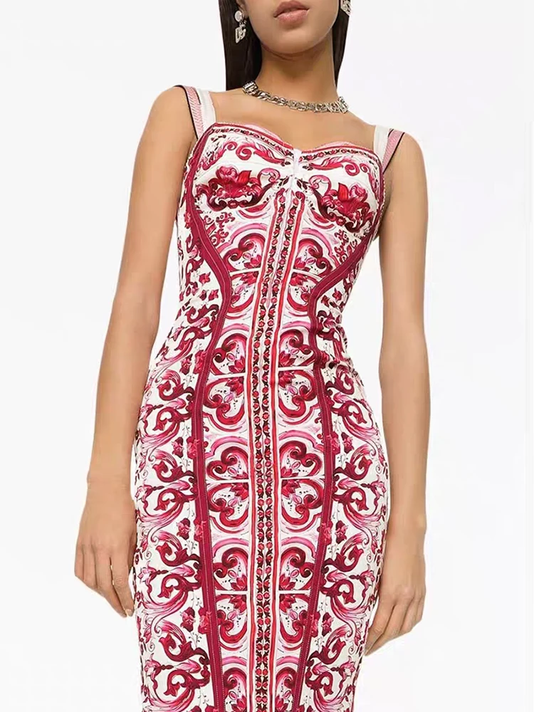 2026 Summer Women's Clothing Retro Geometric Print Back Color Blocking Tube Top Suspender Dress Fashion Waist Covering Hip Skirt
