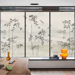 Non-glue Detachable Privacy Window Frosted Film Bamboo Landscape Pattern Sun Blocking Bathroom Glass Door Window Decorative Film