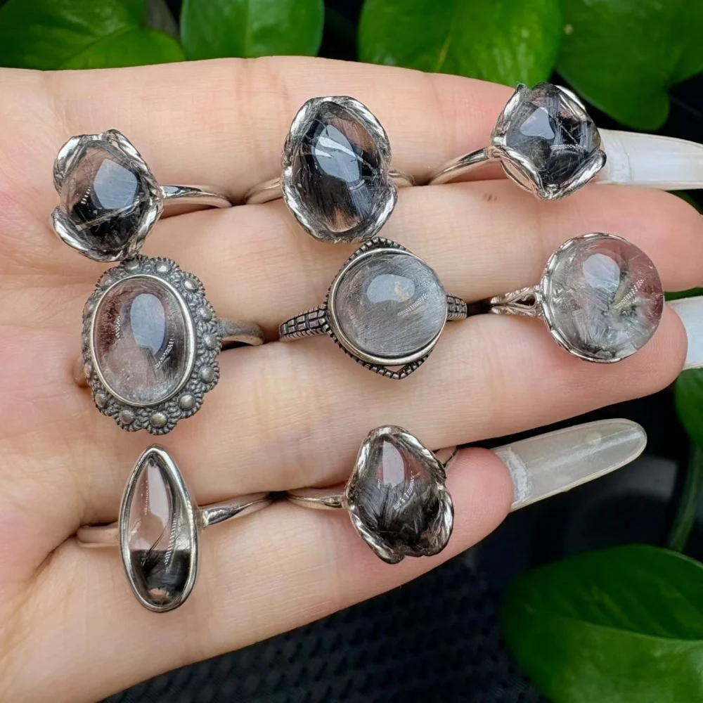 Natural Black Silver Rutilated Quartz Crystal Ring for Women Healing Jewelry Stylish Accessory Sweet 1pc