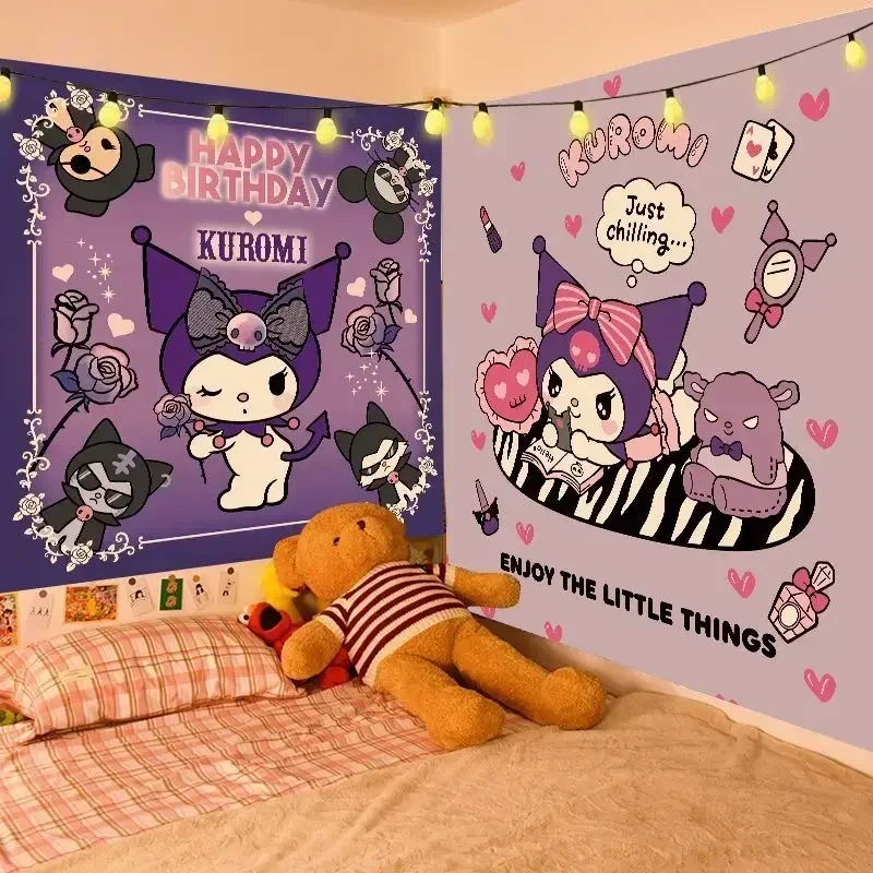 Kain latar belakang kamar tidur anak-anak 150cm x 200cm kain dinding gantung gambar kartun Sanrio Meledy anjing Kuromi kain gantung HelloKitty