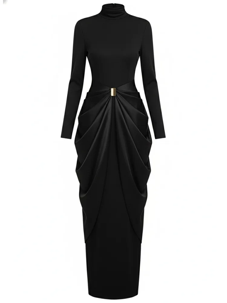 שמלת ערב נשים חדשה לסתיו 2025 של Missuoo בצבע שחור עם מחשוף גבוה, שרוולים ארוכים, פתח מחולק ופליסה מקסי עם מותן גבוה למסיבות