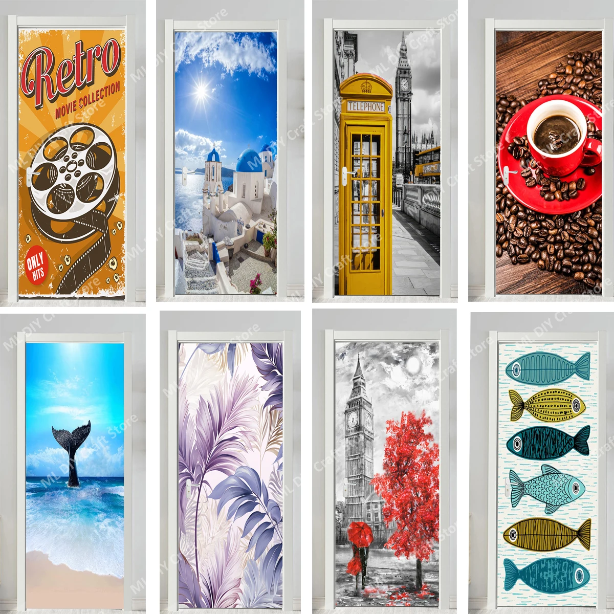 

PVC Waterproof Self-adhesive Bookshelf Door Stickers Living Room Bedroom Retro Decorative Door Design Poster Mural