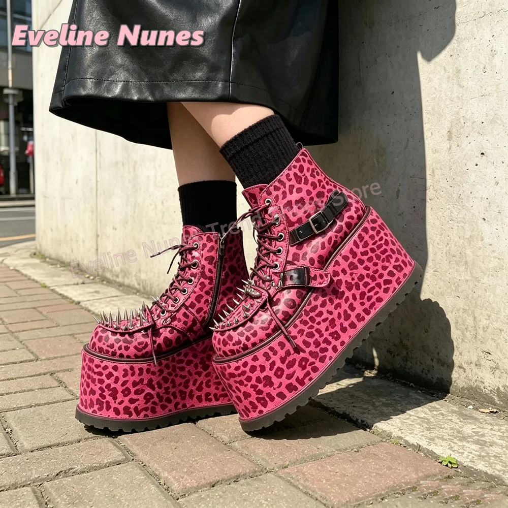 Dark Y2K Women Pink Leopard Print Ankle Boots Round Toe Wedge Platform Lace Up Spike Studs Buckle Strap Punk Shoes 2026 Trend