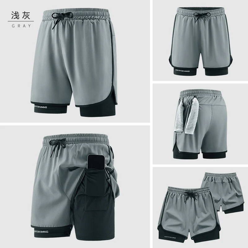Summer Men's Sports Shorts, Double-Layer Running Shorts, 2-in-1 Beach Shorts, Fitness Training, Jogging, Camping, Hiking Shorts