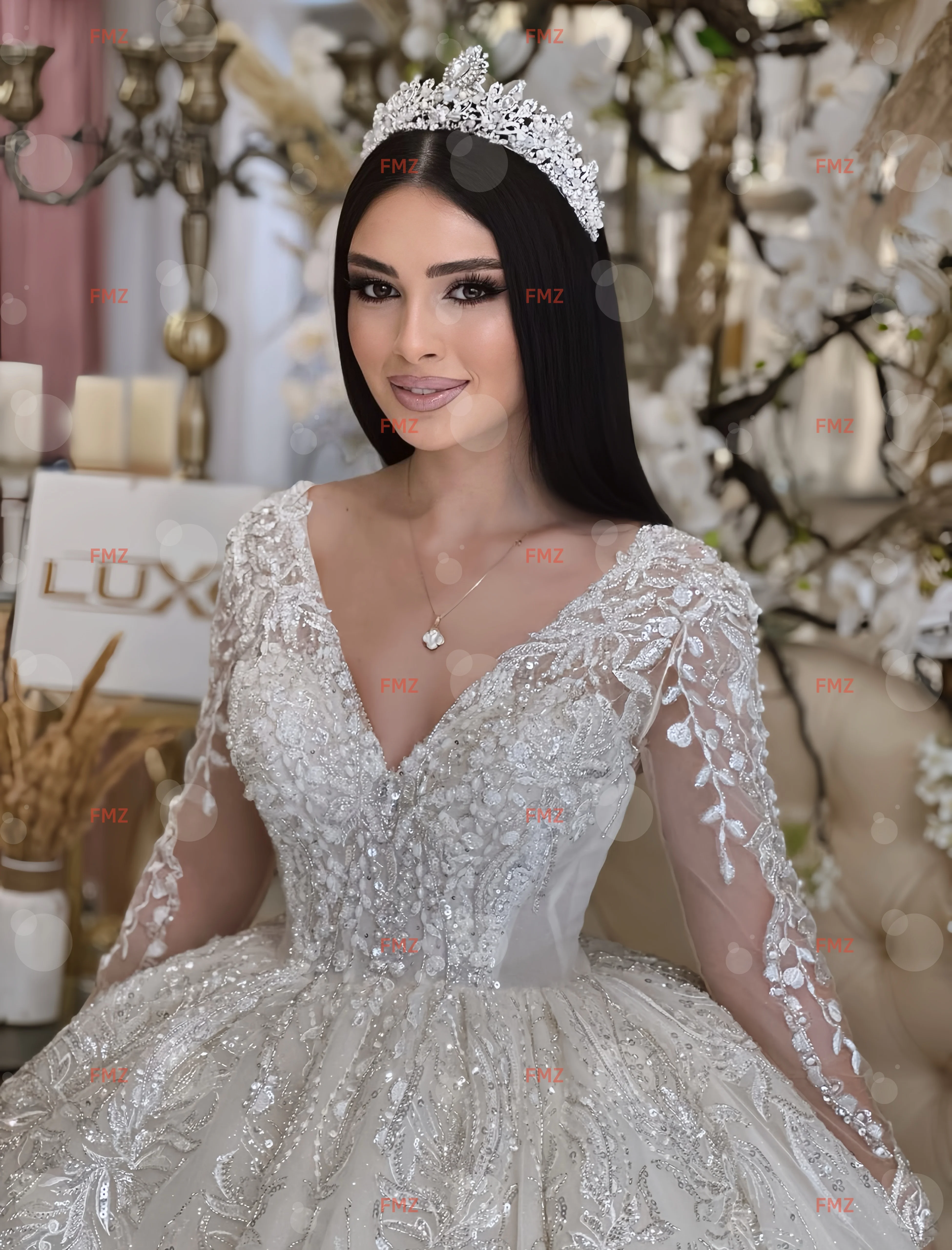 Customzied V-neck long-sleeved Ball Gown splendid wedding dress vestidos de novia amanda novias amanda novias official