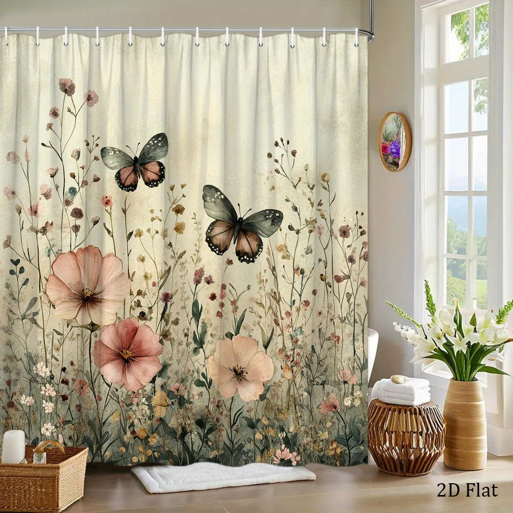 1pc Shower Curtain Featuring Butterflies Amidst Flowers, Showcasing Three Butterflies Dancing Around Pink And Peach Blooms on a