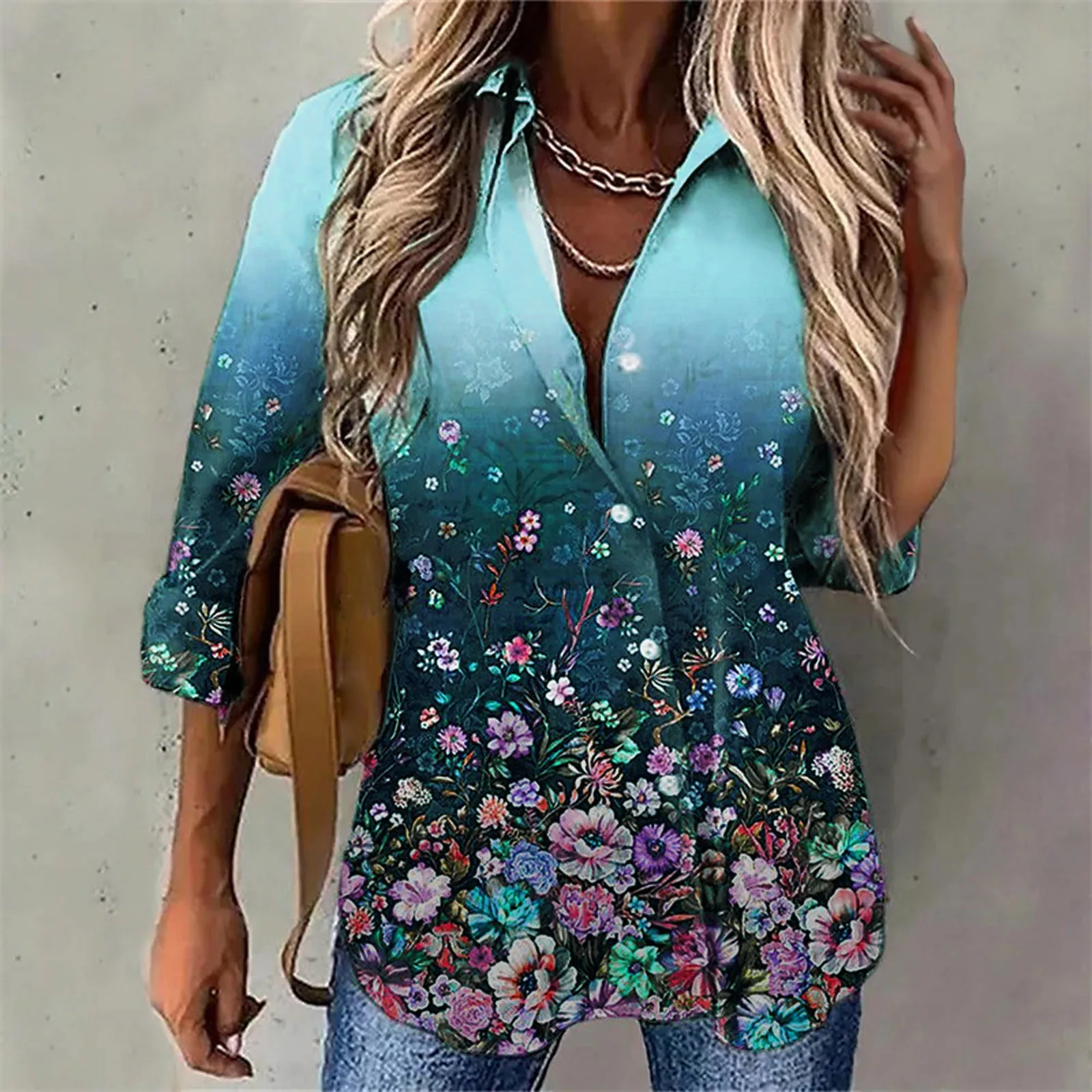 Hawaii Shirts Women Floral Print Shorts Sleeve Blouse Boho Beach Gradient Button-Down Camisas Blusas Ladies Office Pullover Top