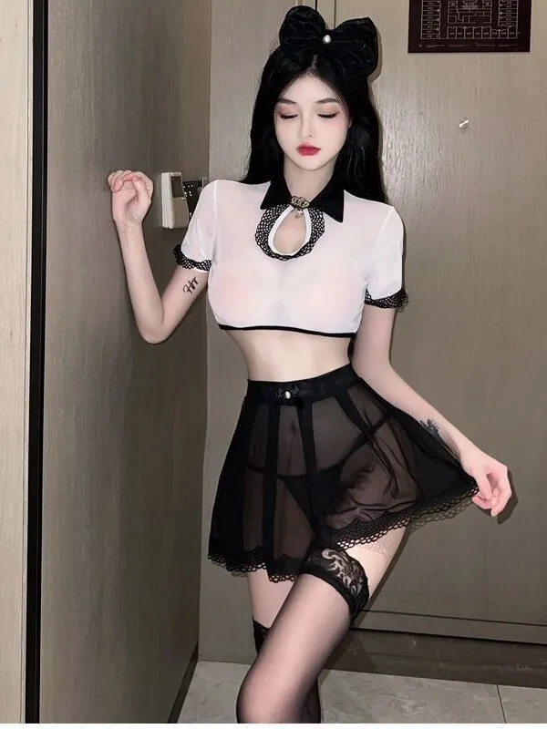 패션 스커트 세트, 섹시한 메쉬 쉬어 메이드 유니폼, 짧은 스커트 붕대, 오프 숄더, 화이트 크롭 탑, 투피스 스커트 세트, 스위트 V8LU