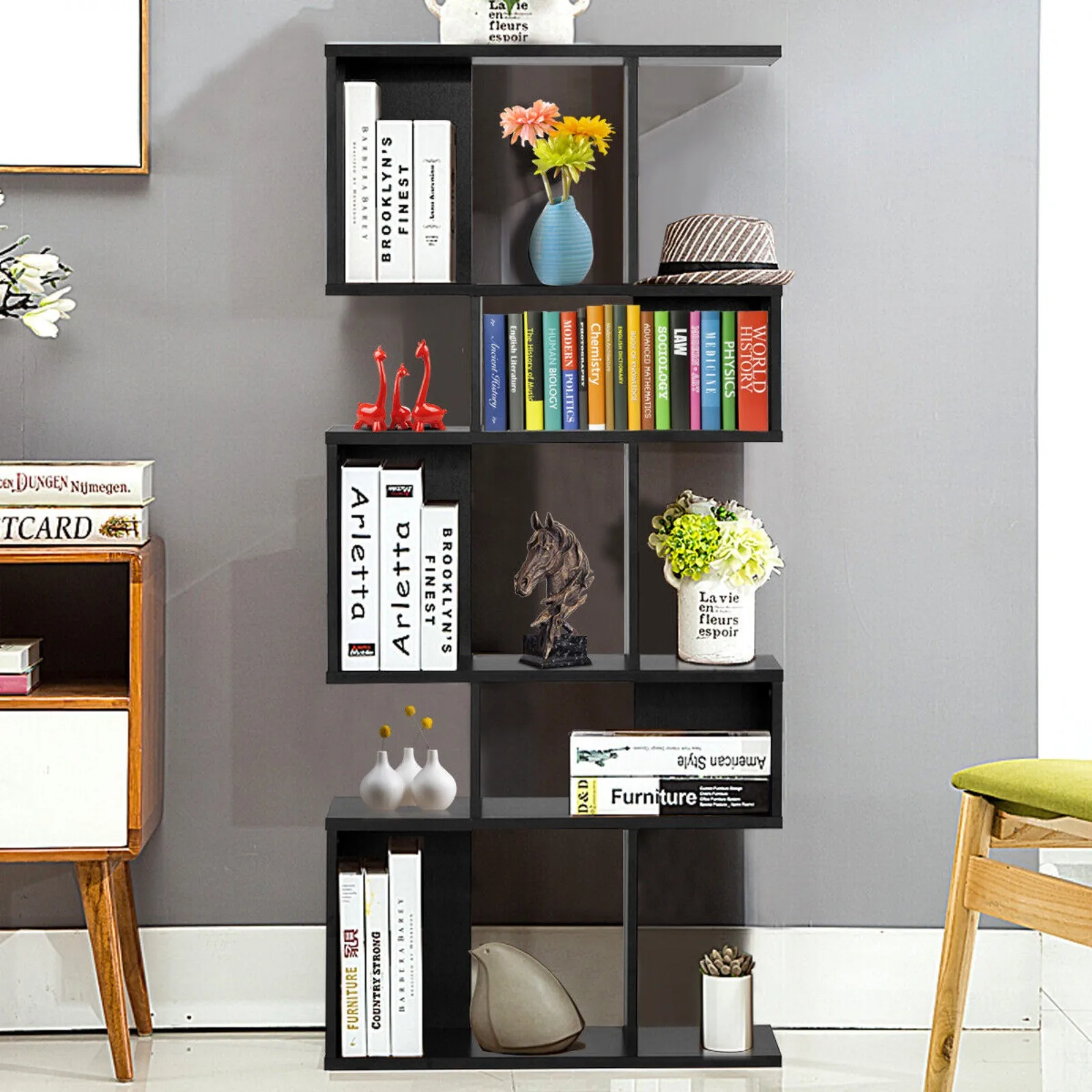 US 5 Cubes Ladder Shelf Corner Bookshelf Freestanding Storage Bookcase Rack Black