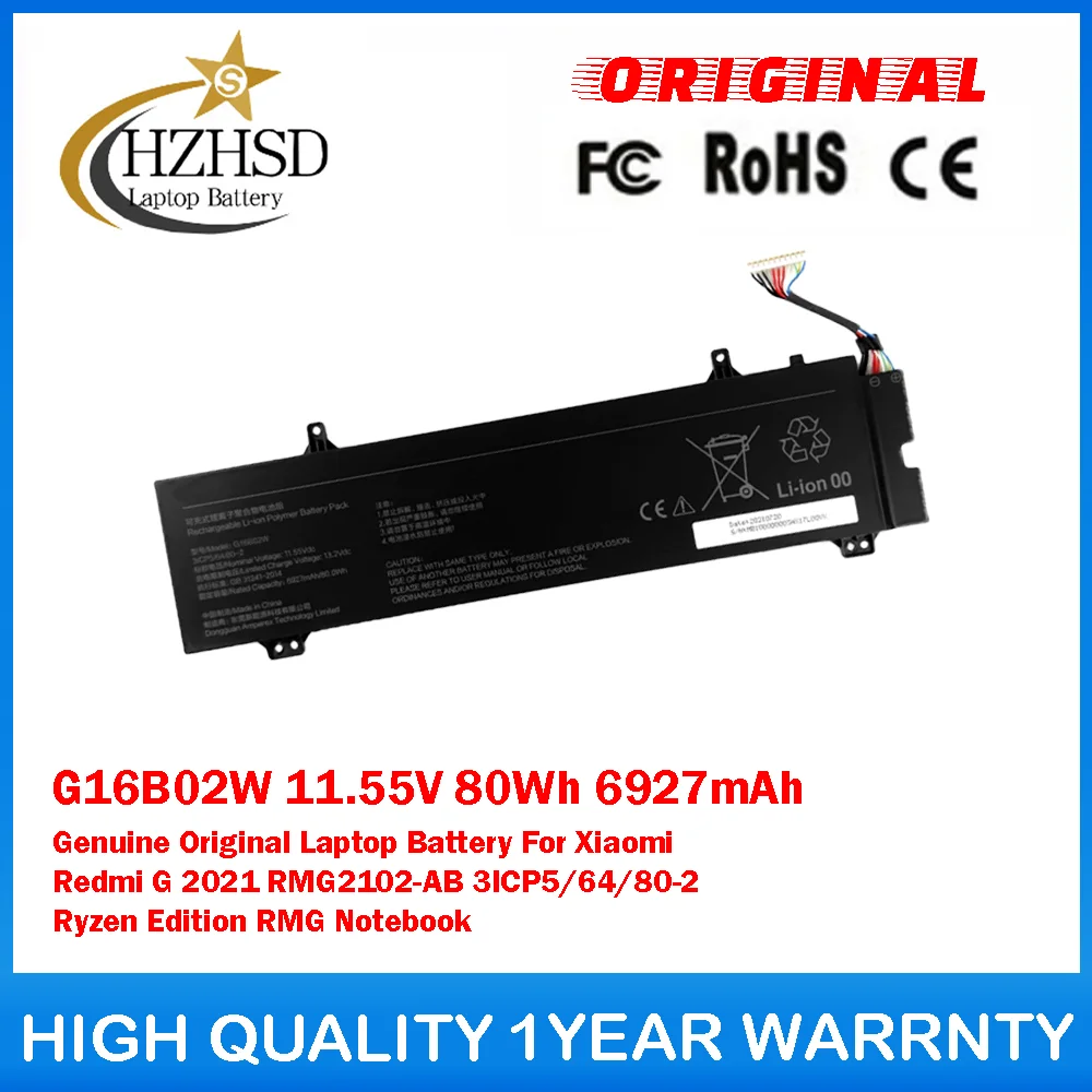 

G16B02W 11.55V 80Wh 6927mAh Genuine Original Laptop Battery For Xiaomi Redmi G 2021 RMG2102-AB 3ICP5/64/80-2 Ryzen Edition RMG