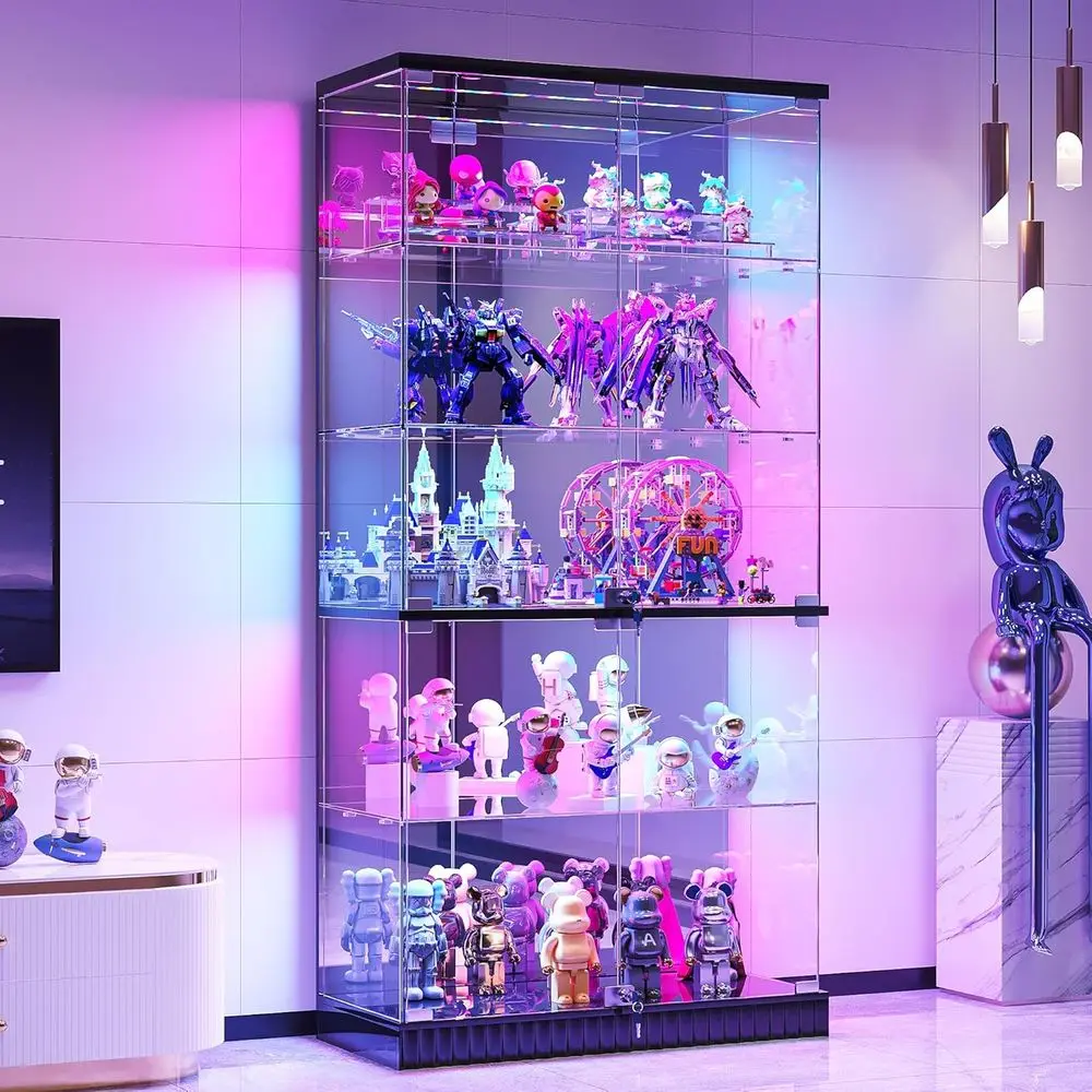 LED-Illuminated 5-Tier Lockable Glass Display Cabinet for Collectibles with Motion Sensor