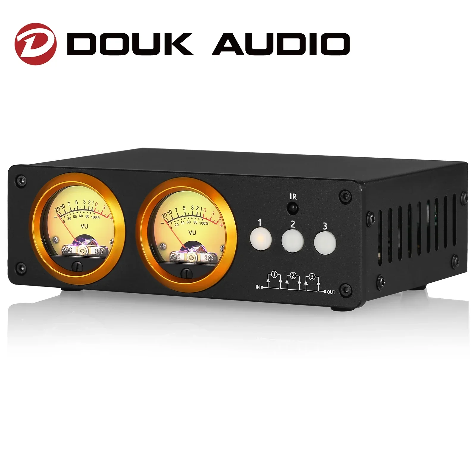 Douk Audio L3 3 Channel Stereo Audio Loop Switcher with VU Meter 1-IN-3-OUT RCA Selector BOX 3-IN-1-OUT Audio Switcher