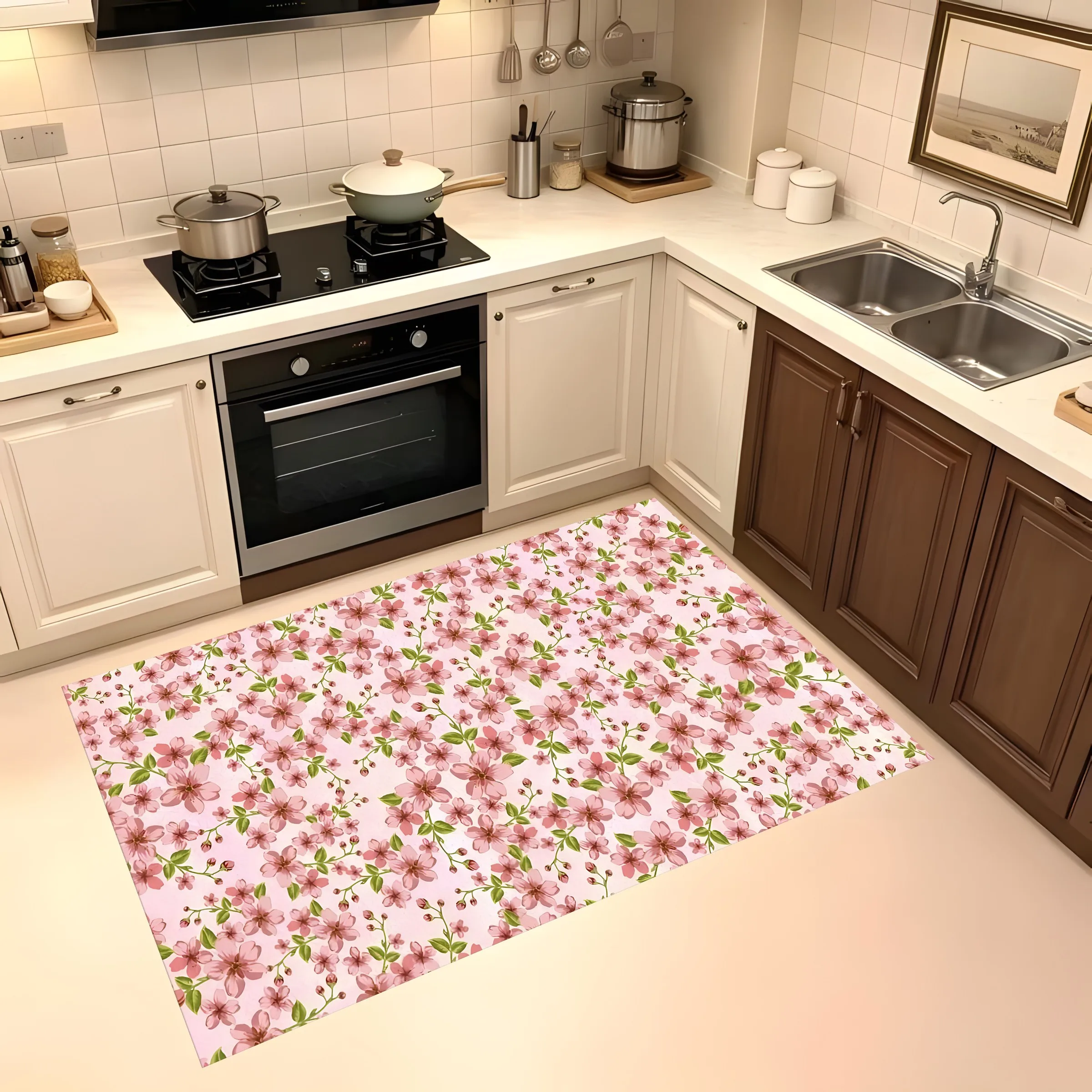 2D Large Rug All-Over Soft Pink Floral Print Fresh Pastoral Style Living Room Bedroom Bedside Home Decor