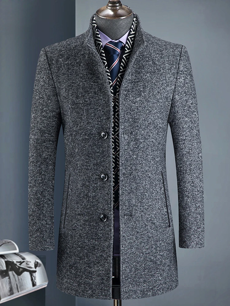 

Мужское зимнее шерстяное пальто из твида, утепленное, для мужчин среднего возраста, деловое повседневное, из смесовой шерсти, с длинными рукавами