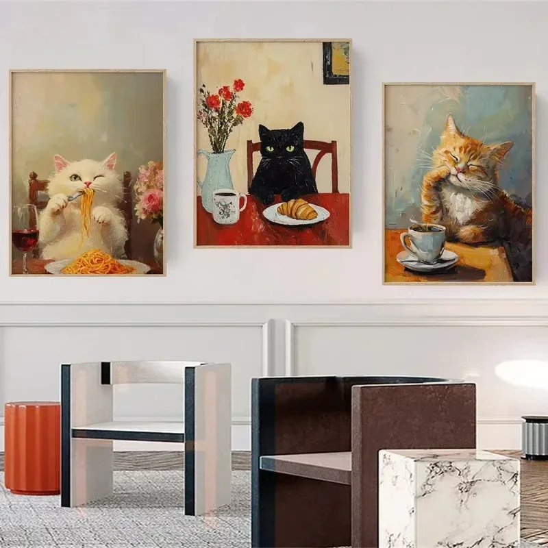 French-Style Whimsical Cat Eating Spaghetti Art Poster Cute Animal Croissant Sushi Coffee Frameless Canvas Print Home Café Decor