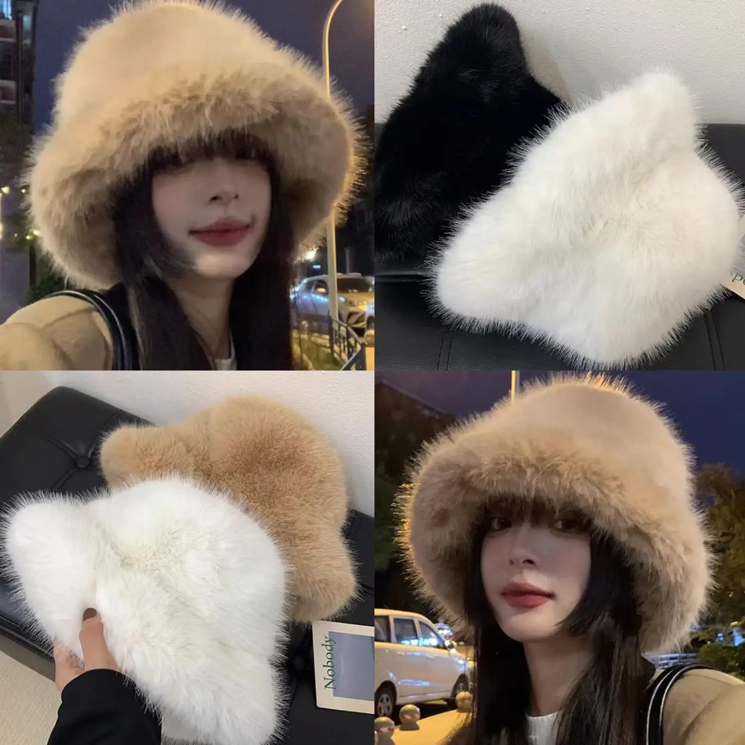 

1PC Outdoor Warm Plush Big Bucket Hat Women Panama Caps Fluffy Faux Fur Hats Fashion Thick Plush Hat Winter Solid Color Hats