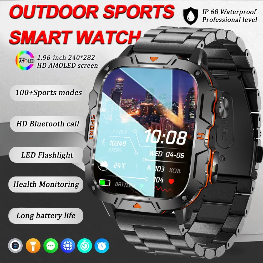 

DAORKOW 2025 New Smart Watch IP68 Waterproof 1.96"Full touch Screen New Outdoor Men Sport LED Flashlight 420mAh Large Battery