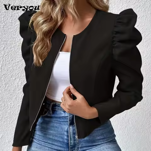 Fashion Short Jacket For Women Elegant Puff Sleeve Coat Jackets With Zipper Outerwear Black Jacket Women