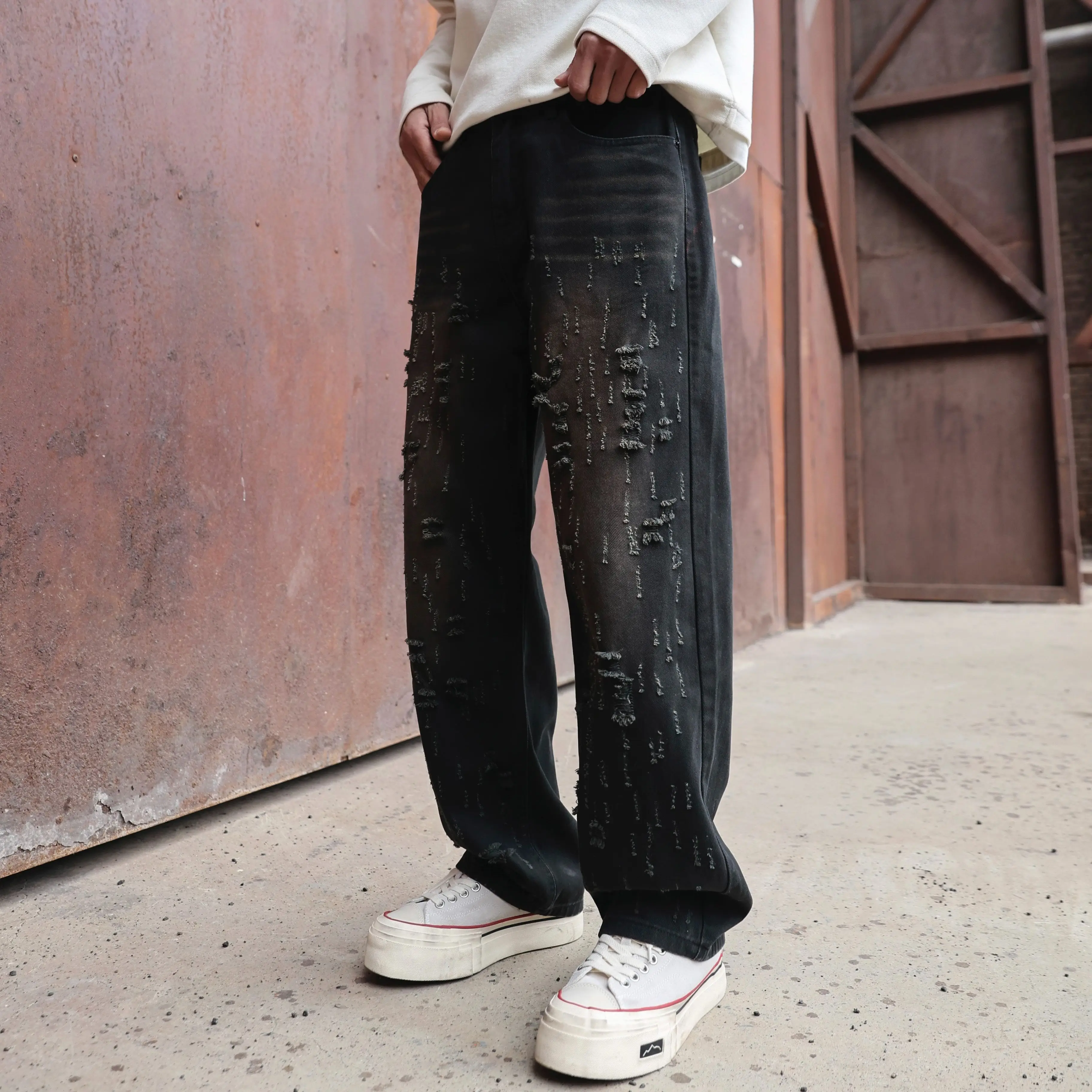 

Scratch Dark Grey Jeans Men Regular Fit Mid Rise Denim Pants Male's Distressed Holes Trousers
