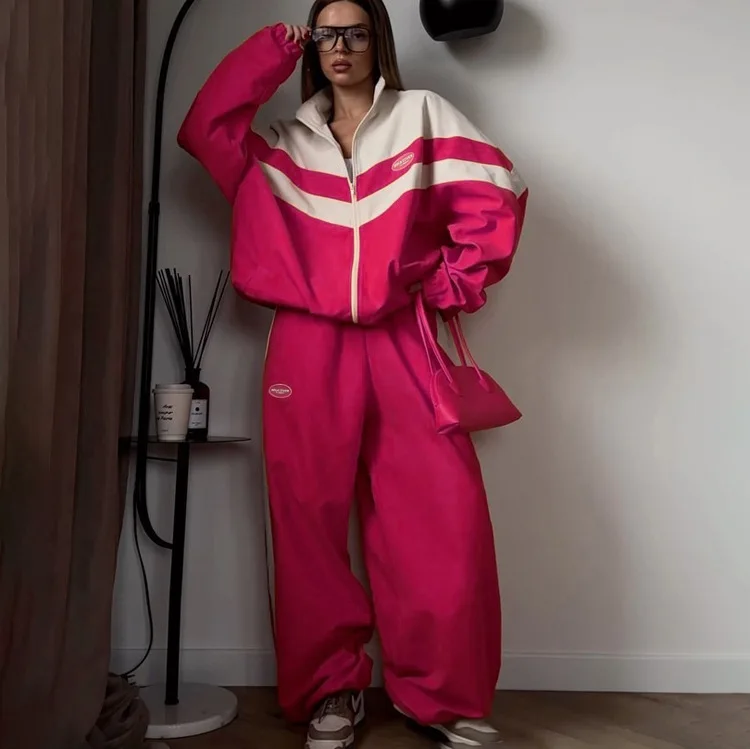 

New American Street Sports Style Contrast Color Suit Lapel Long-sleeved Jacket with Cuffs and Loose Trousers Two-piece Suit