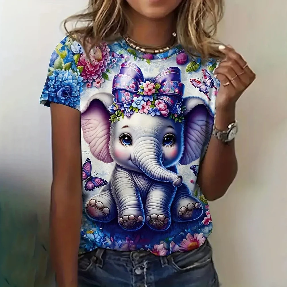 Cartoon Elephant Print Crew Neck T-Shirt Cute Short Sleeve T-Shirt For Spring And Summer Women\'s Clothing