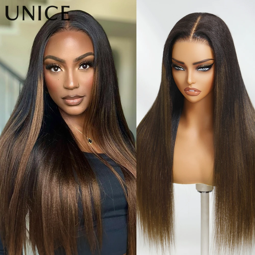 UNice 7x5 & 13x4 Lace Chestnut Brown Ombre Yaki Straight Human Hair Wig With Drawstring