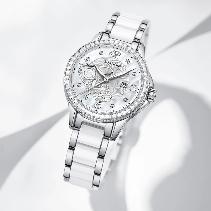 GUANQIN Luxury Women's Quartz Watch Mother-of-Pearl Dial LOVE Element Luminous Hands Leisure 30M Waterproof Watch for Lady Gifts