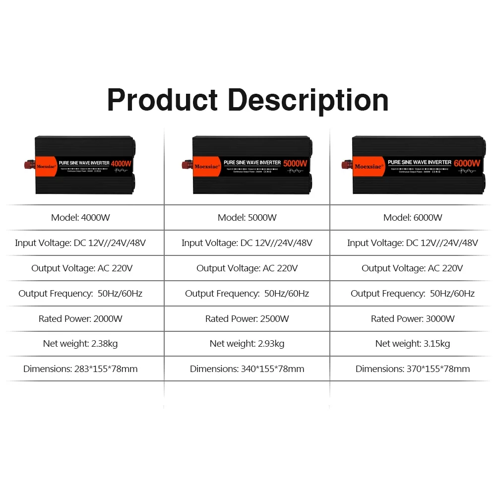 Pure Sine Wave Inverter 4000W 5000W 6000W Double EU Socket Car Inverter DC 12V 24V 48V to AC 220V 50Hz 60Hz Voltage Converters