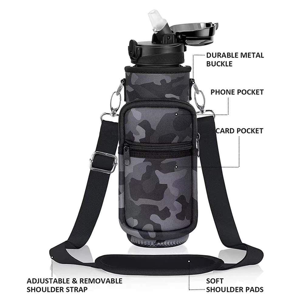 Crossbody Neoprene Carrier Bag Water Bottle Protective Cover Adjustable Strap 2 Pockets Carrying Water Cup Sleeve Outdoor Travel