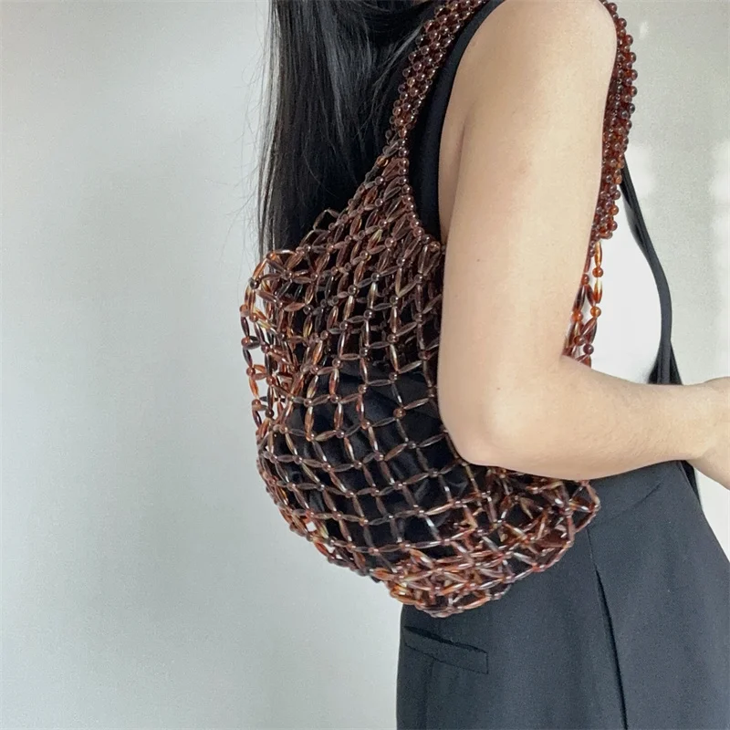 Vintage Half Round Acrylic Beach Handbags Women 2025 Summer Hollow Out  Handle Woven  beaded Bags High Quality Holiday