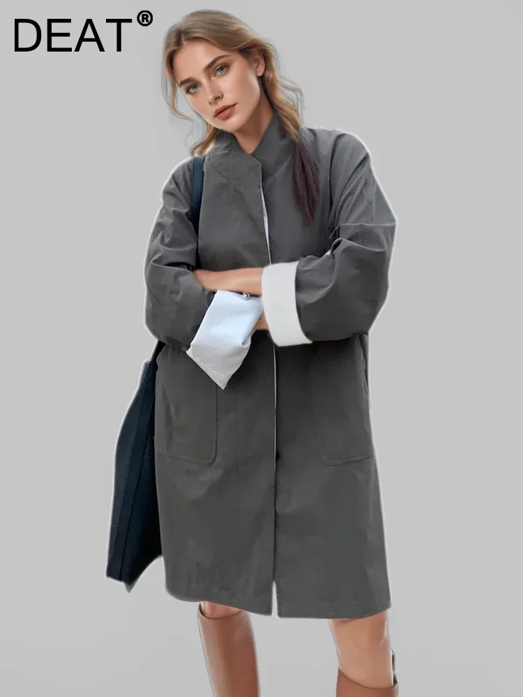 DEAT Fashion Women's Trench Coat Stand Collar Single Breasted Loose Big Pockets Mid-length Windbreaker Autumn 2024 New 7AB4601