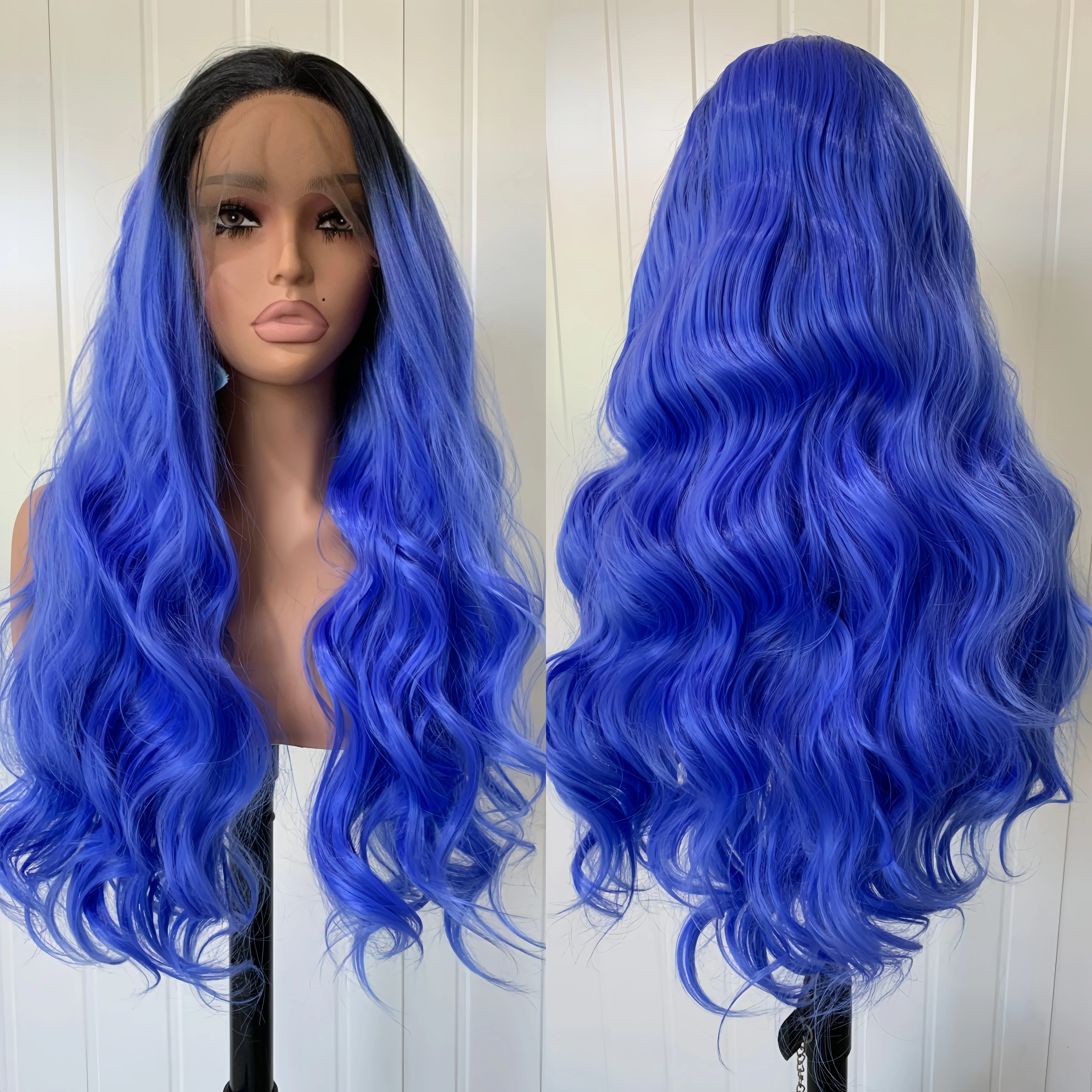 Long Curly Wave Black Ombre Blue 13X4 Lace Front Wig for Women Loose Curly Colored Synthetic Wigs Daily Party Cosplay Drag Queen