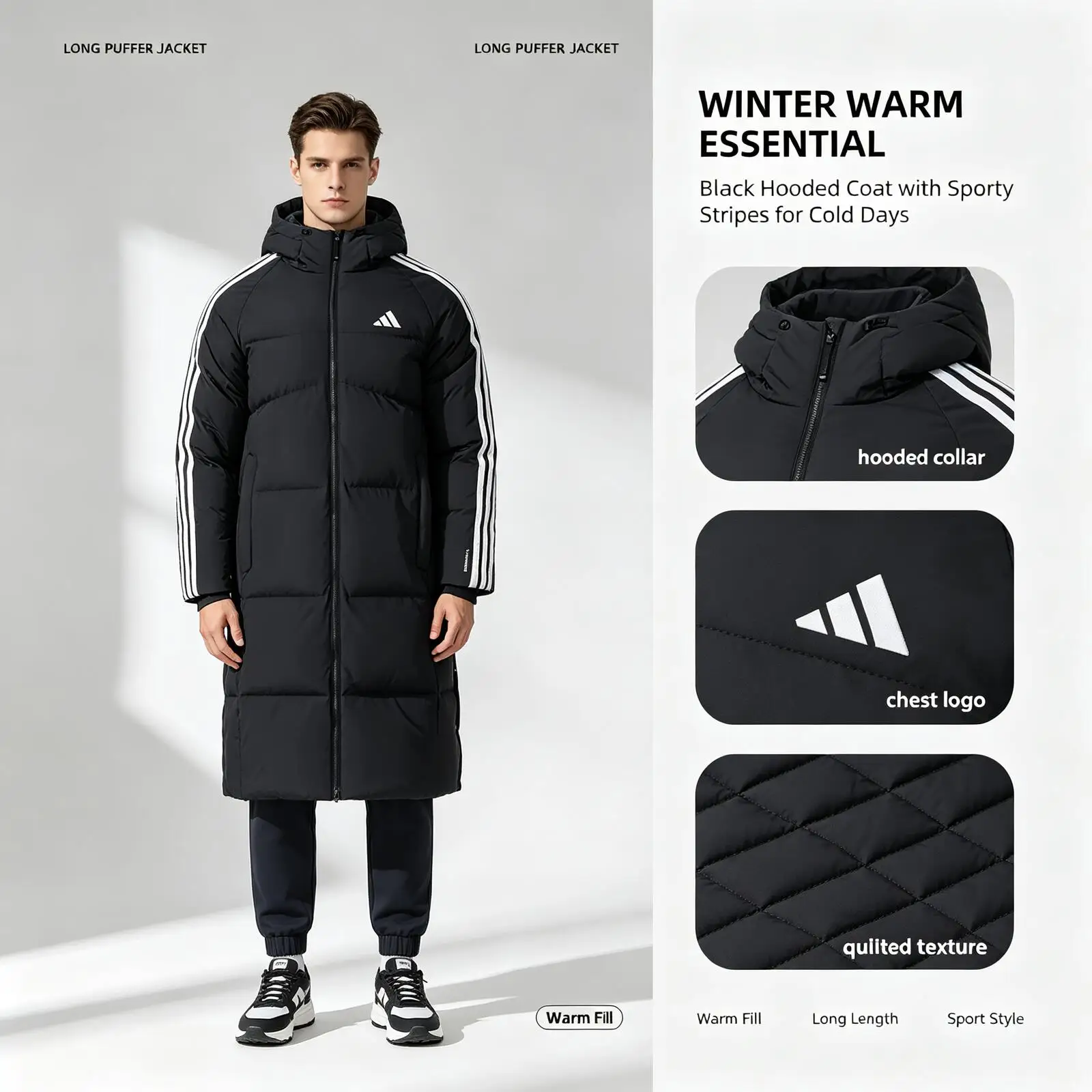 New Adidas Black Long Hooded Puffer Jacket Men Winter Warm Sports Coat White Stripes Insulated Outerwear