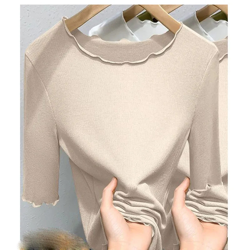 แฟชั่นO-คอสีทึบเสื้อเกาหลีเสื้อผ้าผู้หญิง2025ฤดูร้อนใหม่Slim Casual Pullovers Tops All-Matchเสื้อ