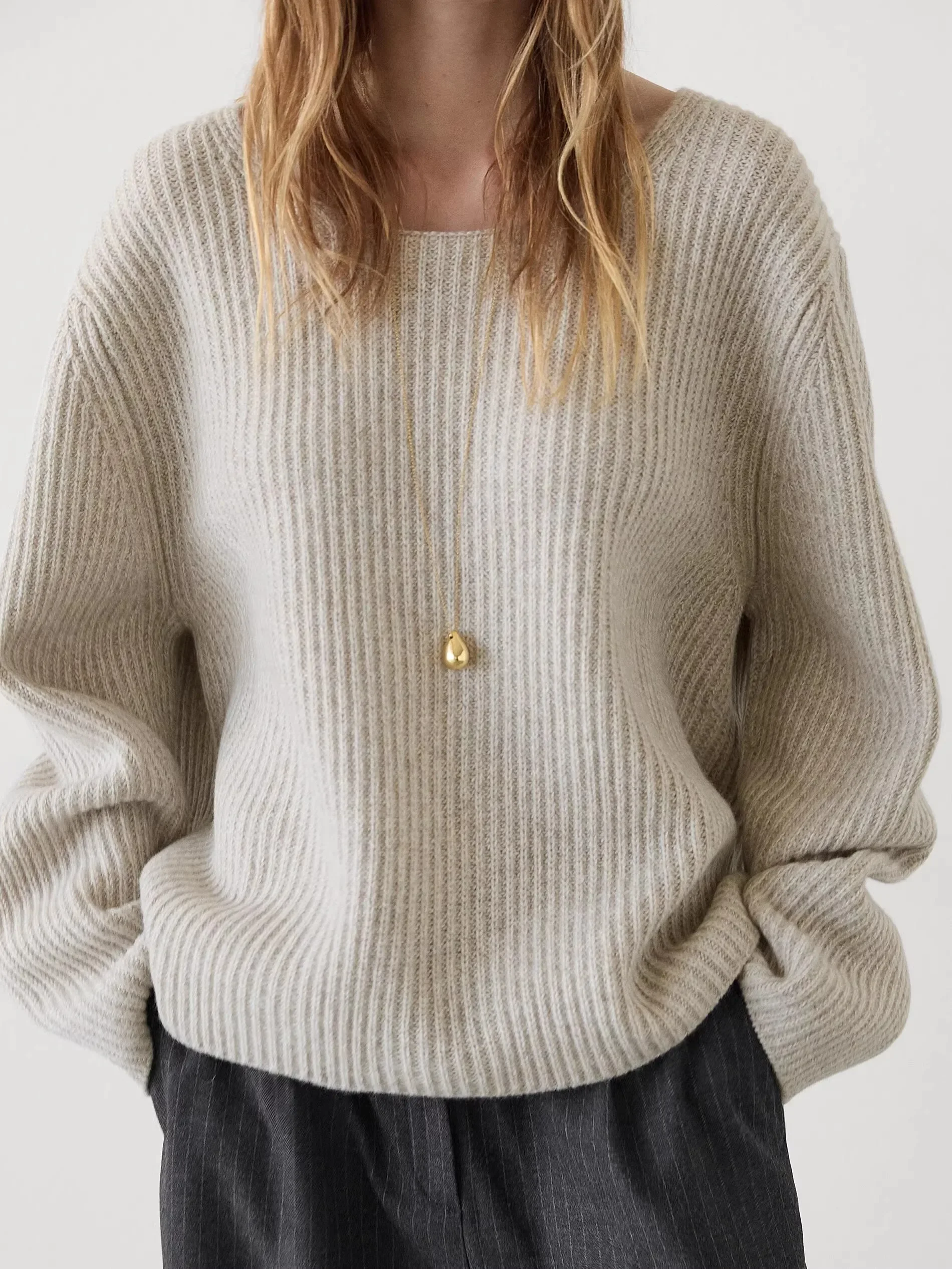 

Ethereal MD 2026 YAZHIMEI spring new style of Women's casual slackness slouch minimalist brown crew neck sweater