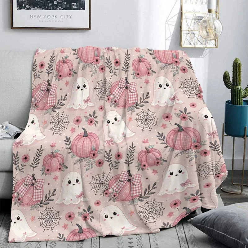 1pc Cute Halloween Pumpkin Ghost Print Blanket, Pink Warm Design, Suitable for Weekend Sofa Naps, Living Room Sofa Cover, Bed End Decor, Reading Time, Camping Leisure
