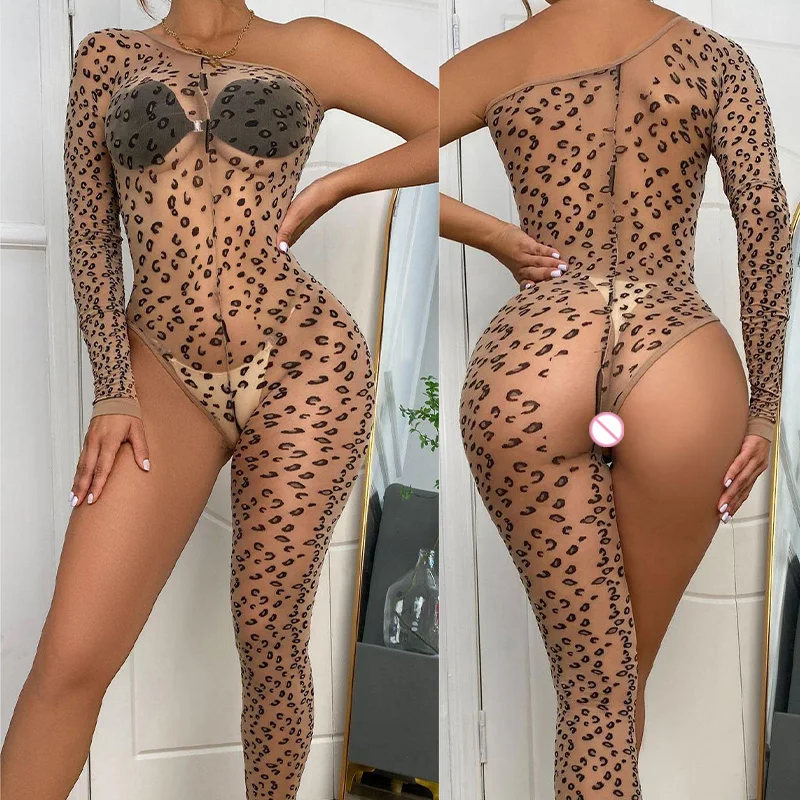 Macacão com estampa de leopardo feminino, lingerie sexy, perspectiva, macacão aberto, encaixe apertado e seios